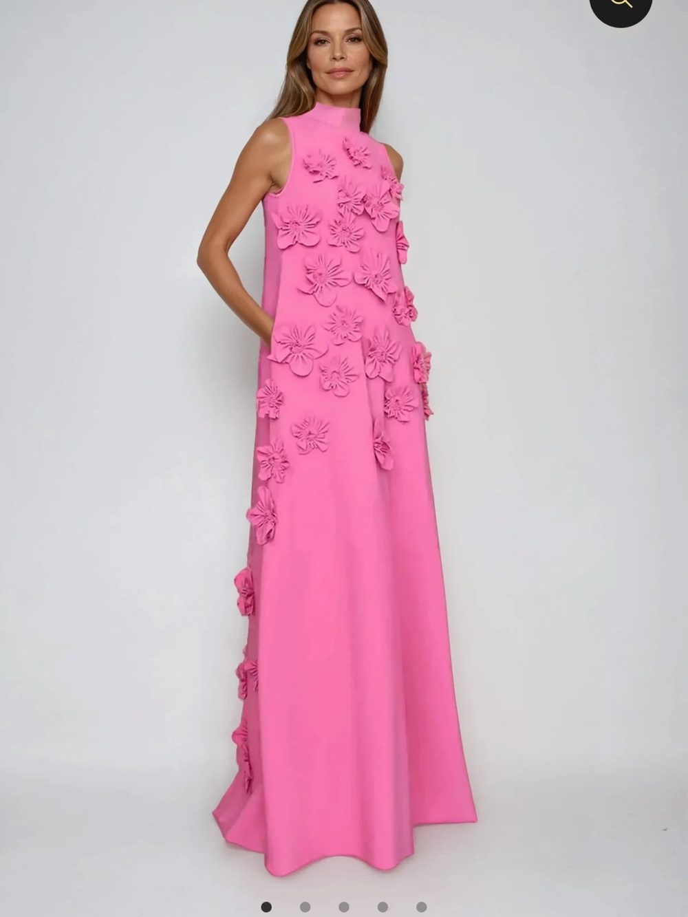 High-Neck Pink Floral Appliqué Maxi Dress